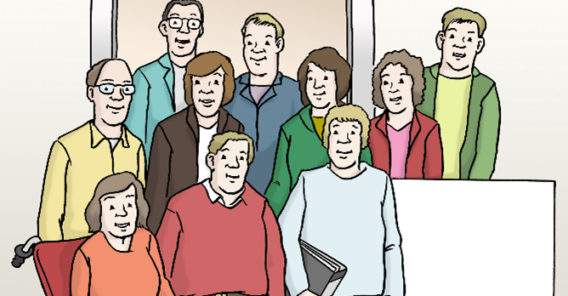Zeichnung: zehn Personen stehen zusammen und lächeln wie für ein Gruppenfoto