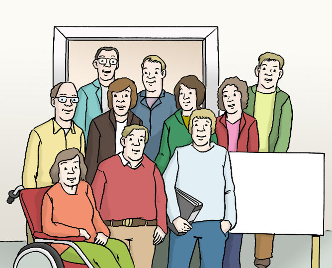 Zeichnung: zehn Personen stehen zusammen und lächeln wie für ein Gruppenfoto
