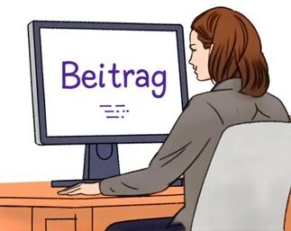 Zeichnung: Eine Person schaut auf einen Bildschirm, auf dem "Beitrag" steht.