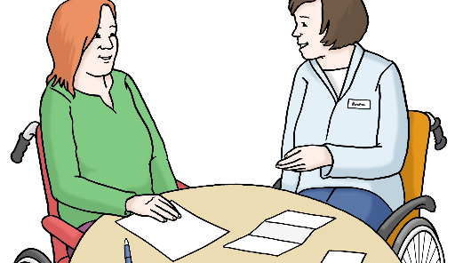 Zeichnung: Zwei Personen sitzen an einem Tisch, die rechte Person erklärt etwas.