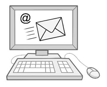 Zeichnung: Computer mit Brief und Q-Symbol auf dem Bildschirm