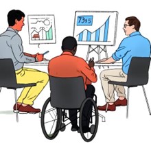 Zeichnung mit KI erstellt: Drei Personen sitzen zusammen, blicken auf zwei Tafeln mit Diagrammen