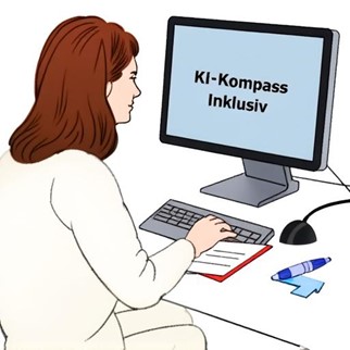 Zeichnung mit KI erstellt: Person sitzt an einem Computer und blickt auf den Bildschirm. Auf dem Bildschirm steht "KI-Kompass Inklusiv"