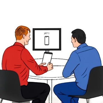 Zeichnung mit KI erstellt: Zwei Personen sitzen an einem Tisch. Einer hat ein Tablet in der Hand, sie blicken auf einen Bildschirm, welcher auch das Tablet zeigt.