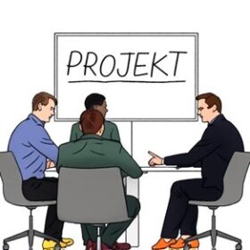 Zeichnung mit KI erstellt: Vier Personen in Geschäftskleidung sitzen an einem Tisch, dahinter steht eine Stellwand mit der Aufschrift "Projekt".