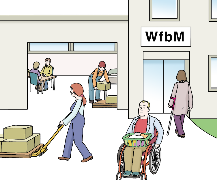 Zeichnung: Gebäude einer WfbM Menschen mit und ohne Behinderungen arbeiten