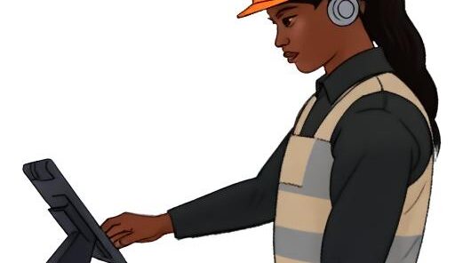 Zeichnung mit KI erstellt: Frau mit Helm, Warnweste und Ohrschutz steht an einem Computer und bedient diesen.