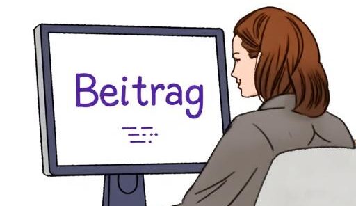 Zeichnung mit KI erstellt: Eine Person schaut auf einen Bildschirm, auf dem "Beitrag" steht.