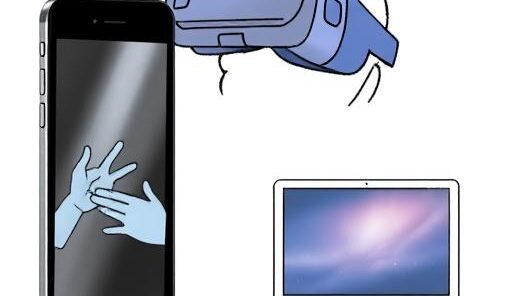 Zeichnung mit KI erstellt: Ein Handy mit gebärdenden Händen, eine Datenbrille, ein Computer