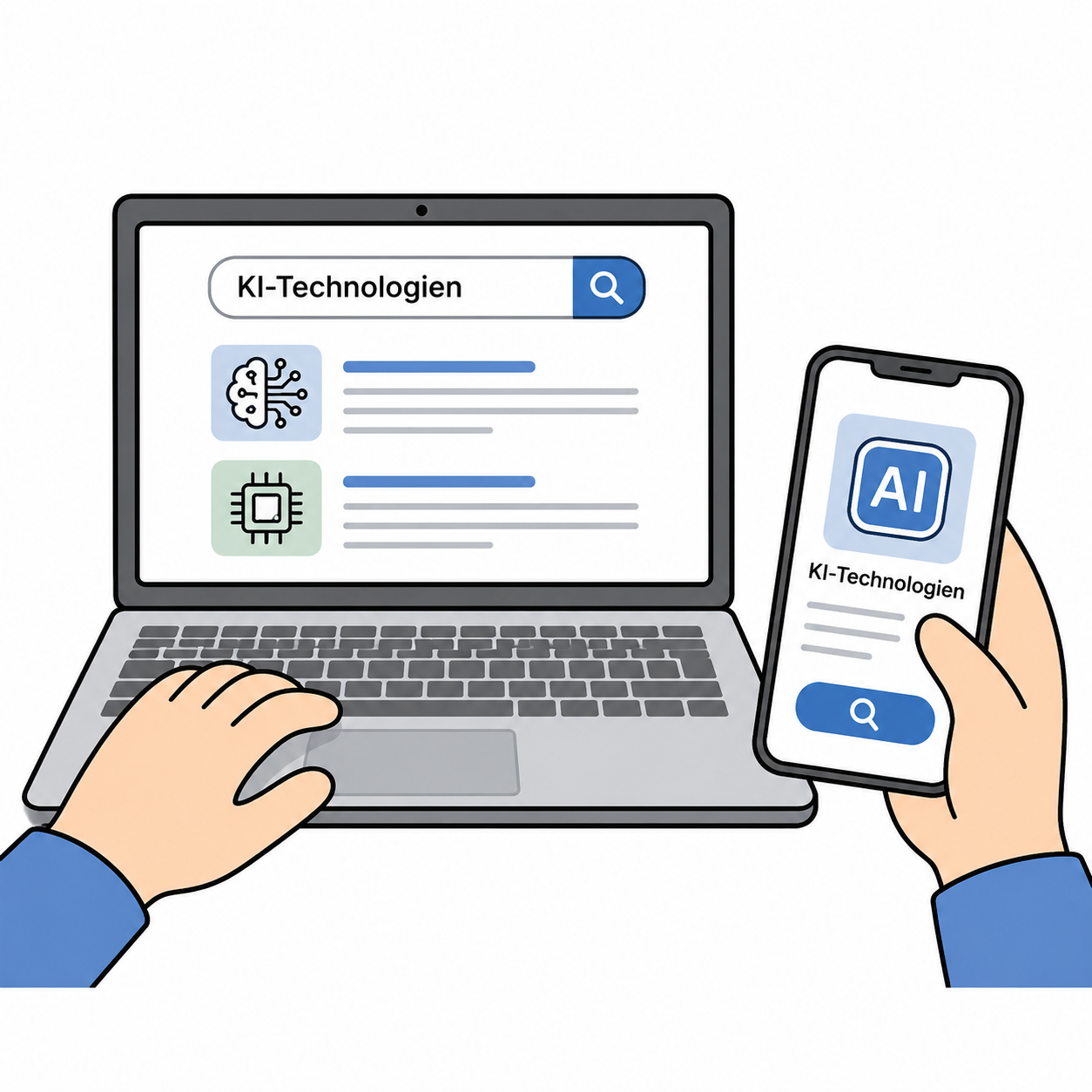 Eine Person sucht nach KI-Technologien auf einem Computer und auf einem Smartphone.