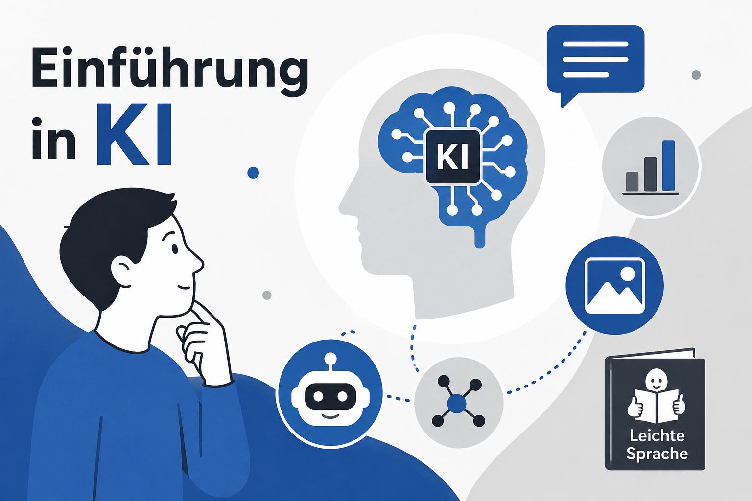 Kreise mit verschiedenen Inhalten: Text, Diagramme, Bilder, Roboter